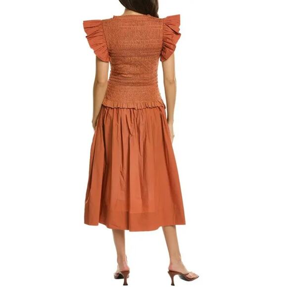 ULLA JOHNSON Women's Madeline Midi Dress Size 2 Orange Clay Ruffle Smocked NWT - Picture 2 of 13